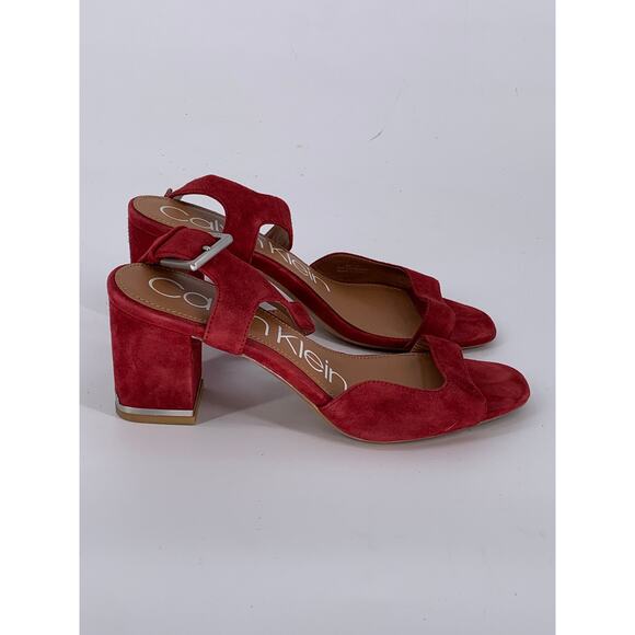 CALVIN KLEIN Women's Red Faux-Suede Open Toe Block-Heel Ankle Strap Sandals SZ 7 - Picture 2 of 9